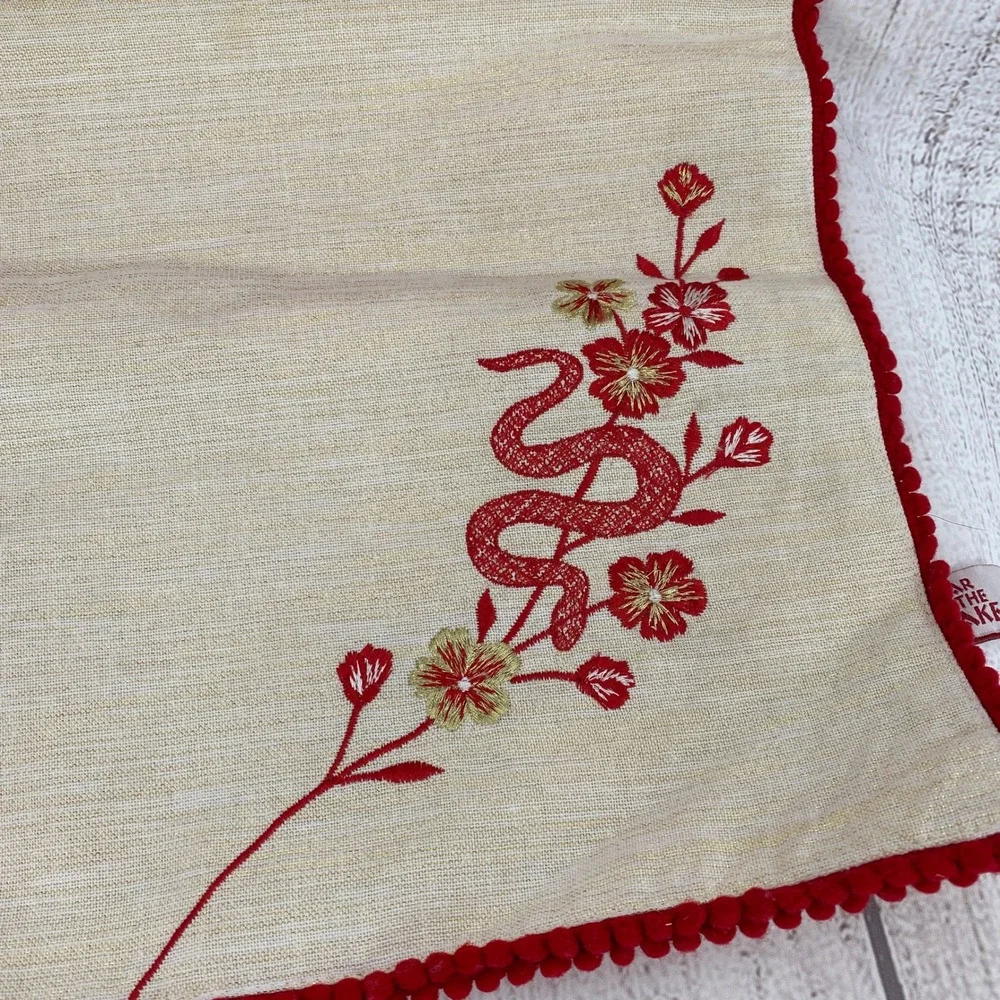 Year of the Snake 2025 Placemats Set of 4 Cream Red Gold Embroidered Pom Trim